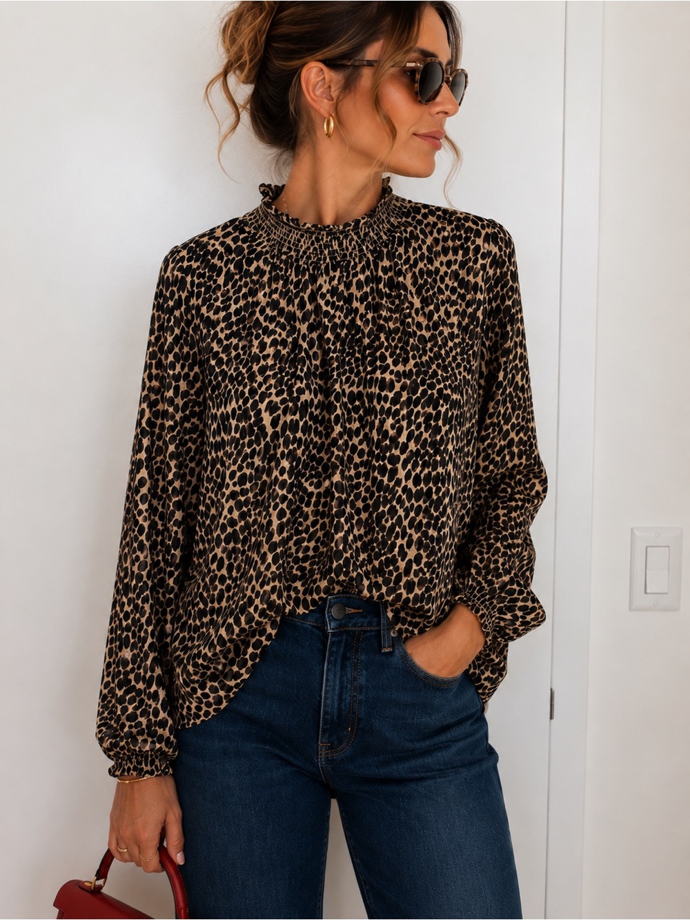 J. Crew Leopard-Print Smocked Neck Blouse - Brown & Black